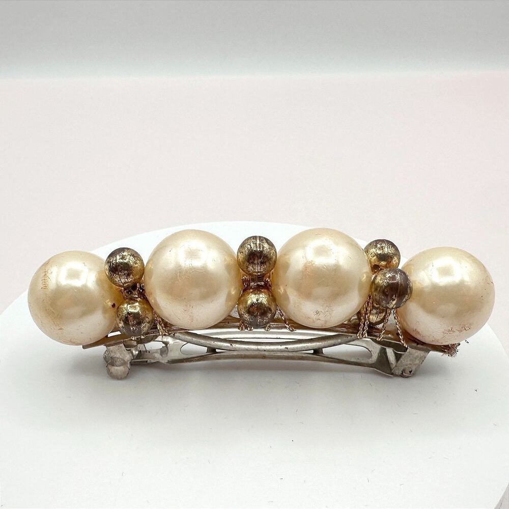 Vintage Y2K Faux Pearl Beaded Barrette Hair Clip Silver Tone Women's Jewelry 80s